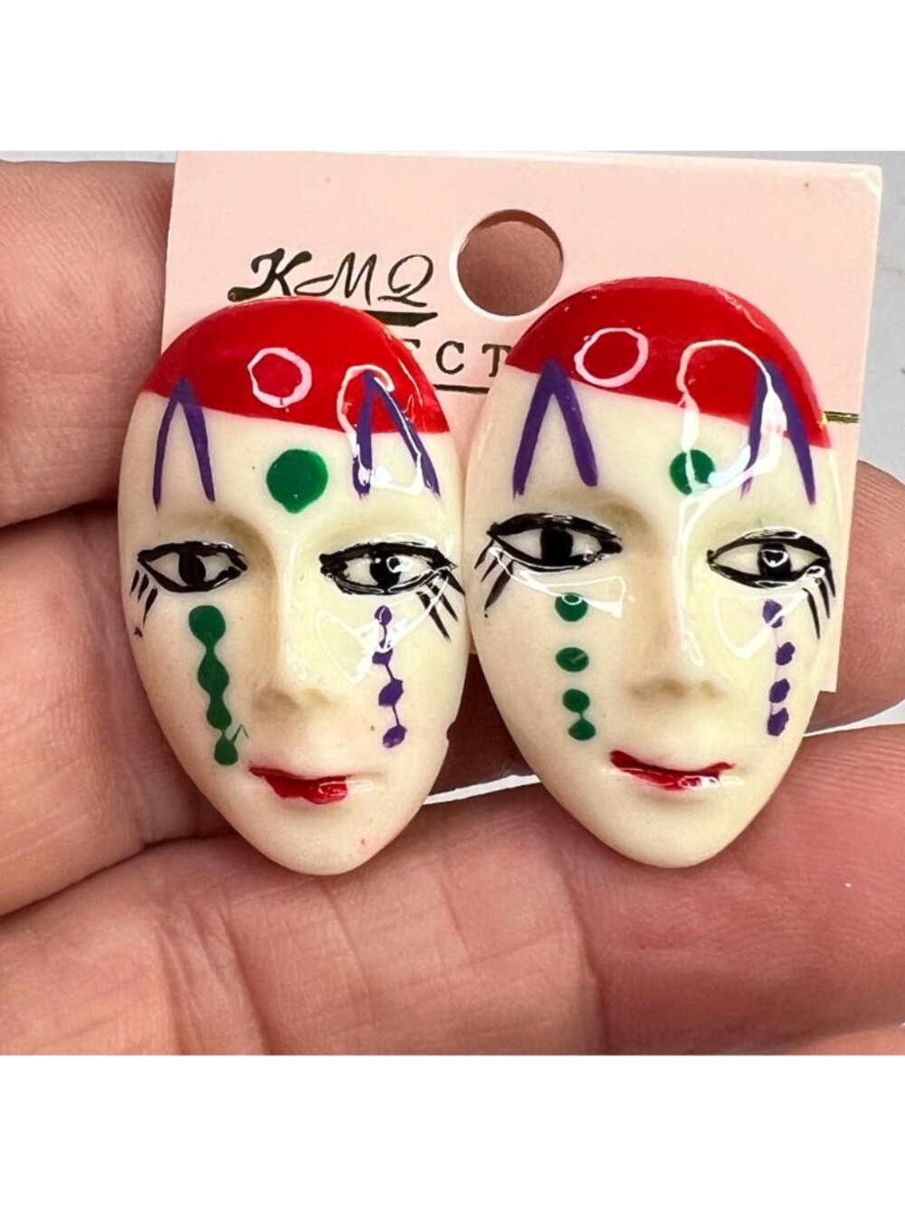 Vintage KMQ Mime Mask Face Stud Earrings Painted Red & Green - Picture 3 of 6